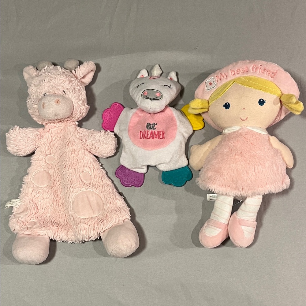 Plush Doll with Crinkle Hat, Cow Animal, Lil Dreamer, Pink Baby Girl Set Lovey